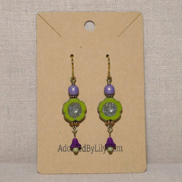 Hand Crafted Handmade Earrings Green & Purple Czech Glass Long Flower Earrings - Picture 2 of 5